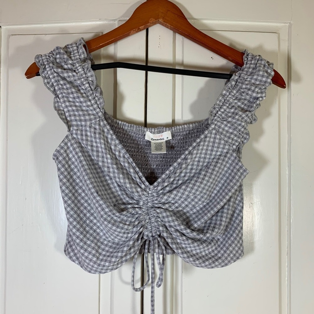 Urban Romantics Gingham Ruched Crop Top Ruffle Sleeves Cottagecore M Peasantcore